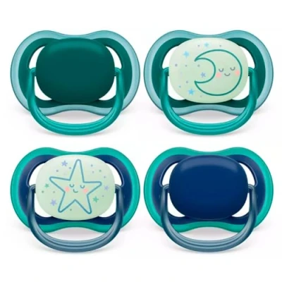 Abbildung von Philips Avent Ultra Air Day &amp; Night Schnuller für Babys, von 6 bis18 Monate, 4 Stück: 2 x Leuchtschnuller und Schnuller, inkl Sterilisationsbox, 18 M