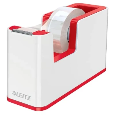 Abbildung von Leitz WOW Klebebandabroller, Hochwertiger &amp; langlebiger Tischabroller mit schwerer Basis, Inkl. einer Rolle Klebeband, Ideal für Schreibtisch im Büro, Schule Kinderzimmer, Weiß / Rot, 53641026