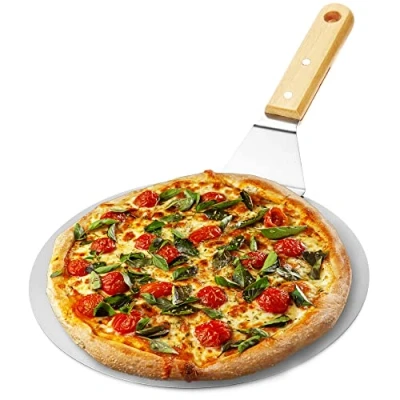 Abbildung von com four® Pizzaschaufel aus rostfreiem Edelstahl Pizza und Kuchenheber mit Holzgriff Runder Pizzaschieber für Pizza, Flammkuchen Brot (braun/silberfarben rund)