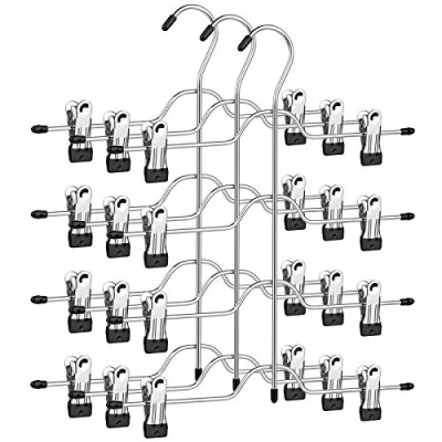 Abbildung von SONGMICS Hosenbügel platzsparend, Mehrfach Rockbügel mit Clips, 3er Set, Kleiderbügel aus Metall, für je 4 Hosen, 8 verstellbaren Klammern, rutschfest, 32 cm, silbern schwarz CRI042BK