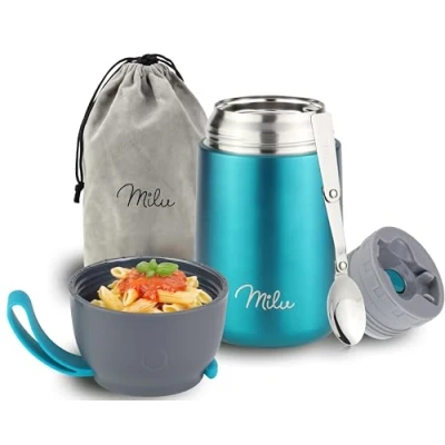 Abbildung von Milu® Thermobehälter 450, 650ml Edelstahl Warmhaltebehälter Essensbehälter Speisegefäß Babynahrung Essen warmhalten Behälter Thermo Lunchbox Müsli to go Grün,