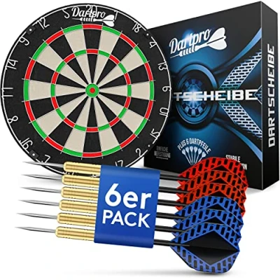 Abbildung von DartPro DAS ORIGINAL Dartscheibe mit Pfeilen Profi Steeldartscheibe aus hochwertigstem Sisal Dartboard inkl. Montageset Dart Scheibe 6 Gratis Dartpfeilen