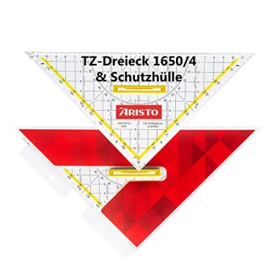 Abbildung von Aristo AR17679B TZ Dreieck AR1650/4 mit passender Geosaver Schutzhülle (Dreieck Hypotenuse 25cm, Tuschenoppen und Facetten, lösbarer Griff, Hülle Ordnerleiste, Kunststoff) rot, transparent