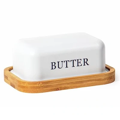 Abbildung von SYLANDO Butterdose, Butterglocke für 250 g Butter, Butter Dish aus Edelstahl, Butterschale mit Holzdeckel, Weiß