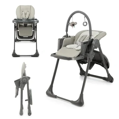 Abbildung von Kinderkraft TUMMIE Hochstuhl 2 in 1, Kinderhochstuhl, Babystuhl, Kombihochstuhl, ab den Ersten Lebensmonaten, Fußstütze, Halbliegende Position, Bezug aus PU, mit Spielzeugen, Grau