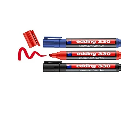 Abbildung von edding 330 Permanentmarker schwarz, rot, blau 3 Stifte Keil Spitze 1 5 mm wasserfest, schnell trocknend wischfest für Karton, Kunststoff, Glas, Holz, Metall, Glas