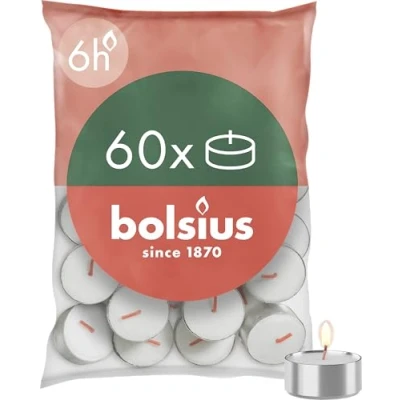 Abbildung von Bolsius D light Teelichter 60 Stück im Beutel Länge Brenndauer 6 Stunden Dekorative Haushaltkerzen Weiß Enthält Natürliches Pflanzenwachs Ohne Palmöl