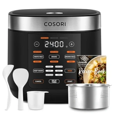 Abbildung von COSORI Reiskocher, Multikocher mit 17 Programme, Rice Cooker 5 L, Fuzzy Logik, Dampfgarer Edestahleinsatz, Rezeptbuch, Slow Cooker, Premium Innentopf, Warmhaltefunktion, Timer, Schwarz