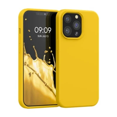 Abbildung von kwmobile Hülle kompatibel mit Apple iPhone 13 Pro Silikon Handy Case Handyhülle weiche Oberfläche kabelloses Laden Strahlend Gelb