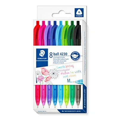 Abbildung von STAEDTLER dreikant retract Kugelschreiber, Linienbreite M ca. 1,00 mm, für entspanntes Schreiben, 8 Kugelschreiber in sortierten Farben im Kartonetui, 4230 MC8
