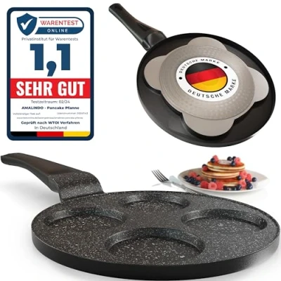 Abbildung von Amalindo Pancake Pfanne Induktion, 4 Loch, Form, Spiegeleipfanne, Pfannkuchen maker, Poffertjes Antihaft Pfanne, Eierpfanne, Spiegelei Pancakes Ø26cm
