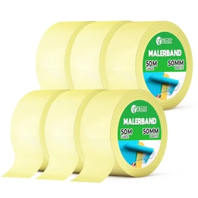 Abbildung von V1 TRADE Kreppband 50 mm x m 6 Stück Universal Malerkrepp Hilfreich beim Malen Leicht Abnehmbar Abklebeband Malerband Wasserdicht Klebeband Gelb (1, stück)