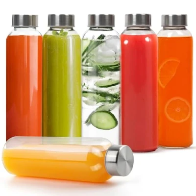 Abbildung von Winter Shore 500 ml Wiederverwendbare Wasserflasche Glas mit Edelstahlkappe [6er Pack] Durchsichtiges Auslaufsicheres Trinkflasche Set zum Entsaften, für Heiße &amp; Kalte Getränke Smoothies