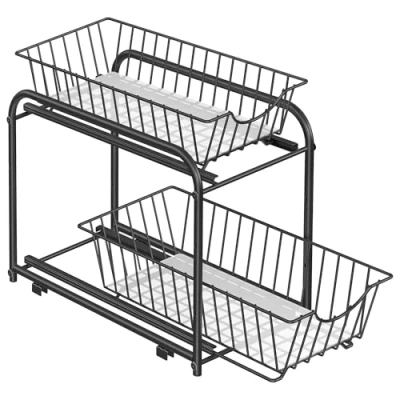 Abbildung von SONGMICS Küchenschrank Organizer, Küchenregal, Ordnungssystem, 2 Ebenen, stapelbar, erweiterbar, mit Metallkörben, für Küche, klassikschwarz KCS017B01