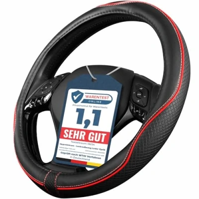 Abbildung von Upgrade4cars Lenkradbezug Rot Schwarz Leder Optik Lenkradschutz in Universal Größe 37 39 cm Lenkradhülle für Sommer &amp; Winter Autozubehör Innenraum