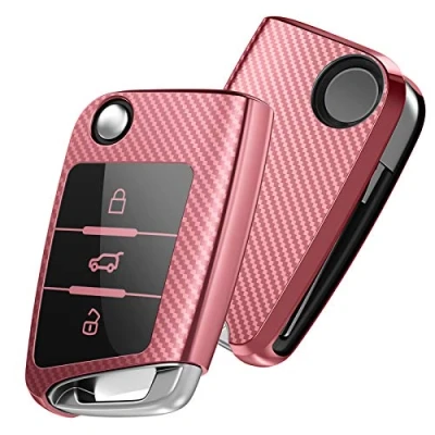 Abbildung von OATSBASF Autoschlüssel Hülle VW, VW Golf 7 Schlüsselhülle, Schlüsselbox Cover für Polo, Skoda, Tiguan, MK7 3 Tasten (Roségold Streifen)