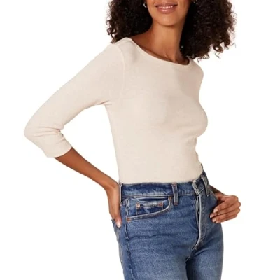 Abbildung von Amazon Essentials Damen T Shirt mit Bateau Ausschnitt und 3/4 Ärmeln in schmaler Passform, Haferbeige Meliert, M