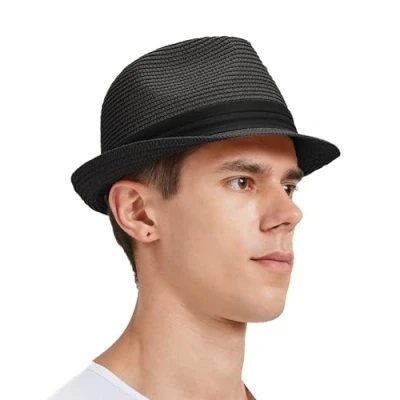 Abbildung von Zylioo XL/XXL Trilby Fedora Strohhut für Großen Kopf,Stroh Sonnenhut Herren mit Roll UP Krempe,UV Schutz Sommerhut Strandhut