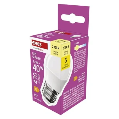 Abbildung von EMOS LED Lampe Mini Globe, 4,2W Ersatz für 40W Glühbirne, kleine Birne mit E27 Sockel, Helligkeit 470 lm, Warmweiß 2700 K, 30000 h Lebensdauer, CRI min. 80, 150 Abstrahlwinkel