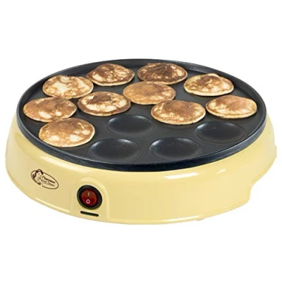 Abbildung von Bestron Poffertjes Maker im Retro Design, Mini Pfannkuchen Automat, mit Antihaftbeschichtung, Sweet Dreams, 800 W, Gelb