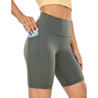 Abbildung von CRZ Yoga Naked Feeling Damen Kurze Leggings High Waist Radlerhose Fitness Sporthose mit Taschen 20cm Grauer Salbei 40