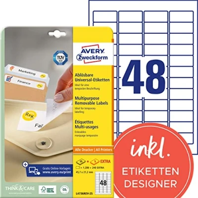 Abbildung von AVERY Zweckform L4736REV 25 Universal Etiketten (1.200 plus 240 Klebeetiketten extra, 45,7x21,2mm auf A4, wieder rückstandsfrei ablösbar/abziehbar, bedruckbar, selbstklebende Aufkleber) 30 Blatt, weiß