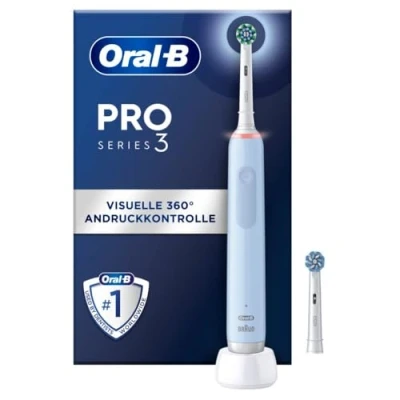 Abbildung von Oral B PRO 3 3000 Elektrische Zahnbürste/Electric Toothbrush, 2 CrossAction Aufsteckbürsten, mit Putzmodi und visueller 360 Andruckkontrolle für Zahnpflege, Geschenk Mann/Frau, blau
