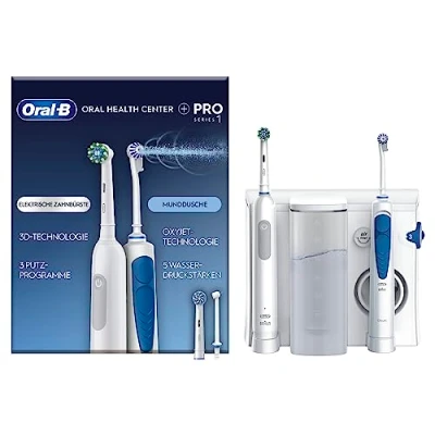 Abbildung von Oral B Health Center Munddusche mit Oxyjet Technologie für Zahnreinigung, 2 Ersatzdüsen &amp; PRO Series 1 Elektrische Zahnbürste/Electric Toothbrush, Aufsteckbürsten, 3 Modi Zahnpflege, weiß