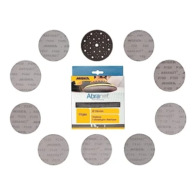 Abbildung von Mirka Abranet Netzschleifscheiben 150mm Klett / Mix Pack 1 von jeder Körnung 80, 100, 120, 150, 180, 220, 320, 400, 600 + Schutzauflage 10 Stk Für Exzenterschleifer, Schleifmaschinen