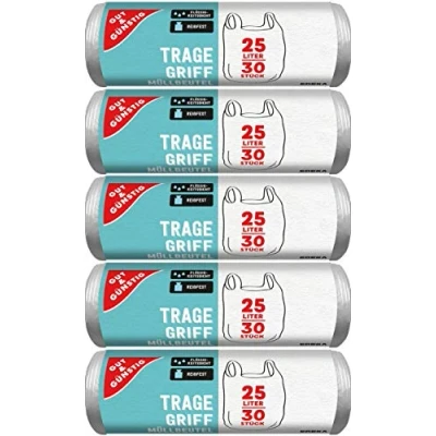 Abbildung von Gut &amp; Günstig 150 Müllbeutel/Mülltüten mit Tragegriff, 25 Liter, 30 Stück pro Rolle, Reißfest Flüssigkeitsdicht, Produkt Verpackung recyclebar