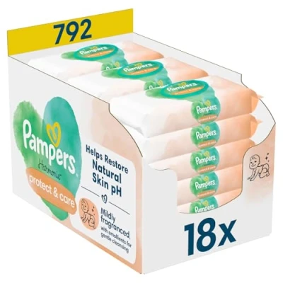 Abbildung von Pampers Harmonie Protect &amp; Care Feuchttücher 18 Packungen mit jeweils 44 Feuchttüchern, 792 Feuchttücher, die helfen, den natürlichen pH Wert der Haut wiederherzustellen