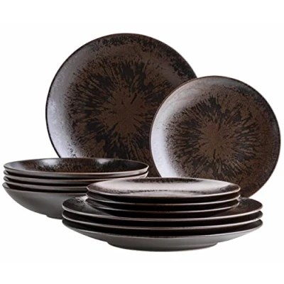 Abbildung von MÄSER Metallic Bronze, 12 teiliges Tafelservice für 4 Personen mit edel glänzender Glasur, Teller Set Speiseteller, Suppenteller und Dessertteller aus hochwertiger Keramik, Steinzeug, Braun