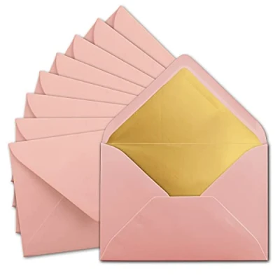 Abbildung von 10x DIN C5 Kuverts 15,7 x 22,5 cm in Altrosa (Rosa) mit goldenem Seidenfutter Nassklebung Blanko Brief Umschläge Post ohne Fenster im Format Marke: FarbenFroh by GUSTAV NEUSER