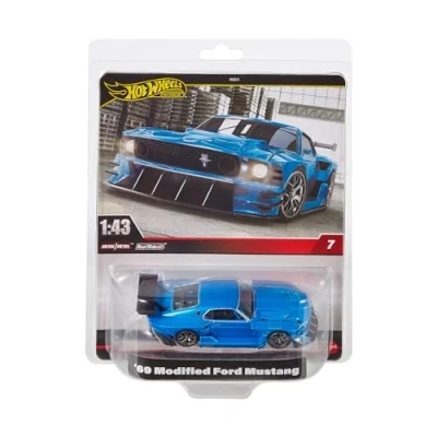 Abbildung von Hot Wheels Premium Ford Mustang, Fahrzeug im Maßstab 1:43, offiziell lizenzierte Replikate für erwachsene Sammler, Real Riders Reifen, Metall/Metall Karosserie und Fahrgestell, HWT04