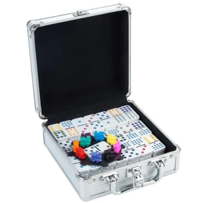 Abbildung von Engelhart 250160 Mexikanisches Domino Zug D12 Metallkoffer 91 Dominosteine Zubehör 2 bis 8 Spieler