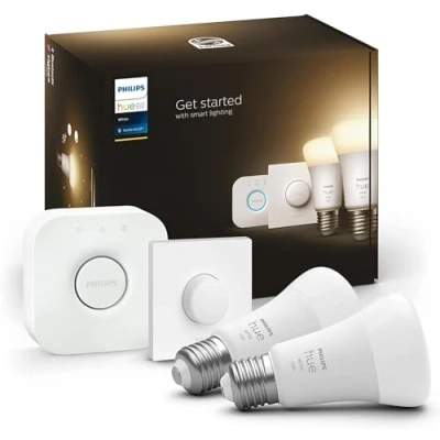 Abbildung von Philips Hue White Starter Set mit E27 Lampen 2 er Pack (1.055 lm), Smart Button+ Bridge, LED Leuchten warmweißem Licht über Lichtsystem per Sprache und App steuerbar