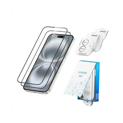 Abbildung von Anker HD Display und Linsenschutz für iPhone 16 Plus (2er Pack), 17cm ultra dünn, robust, transparentes gehärtetes Glas, schnell einfach anzubringen, kratz stoßfest, 12 Monate Garantie