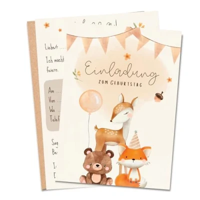 Abbildung von MeinBaby123® 10 Einladungskarten Kindergeburtstag Jungs und Mädchen Geburtstagseinladungen für Kinder Wald Tiere Boho inkl. Briefumschläge Premium Qualität (Süße V4)