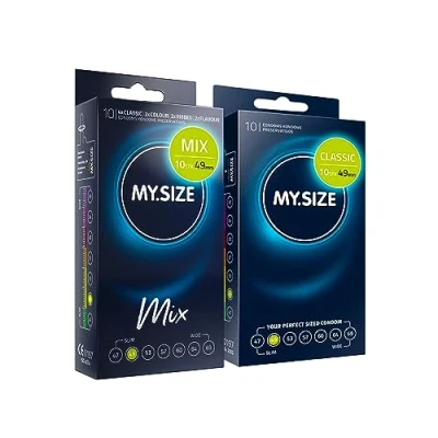 Abbildung von MY.SIZE Mix SET Größe 2, 49 mm: 10 Classic Kondome + in 4 aufregenden Sorten, mit Aroma, Farbe, Genoppt &amp;