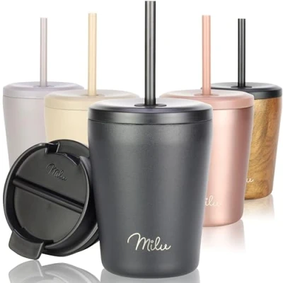 Abbildung von Milu Thermobecher 300ml 100% Auslaufsicher Edelstahl Kaffeebecher to go isoliert mit Strohhalm hält 10h heiß / 20h kalt, BPA frei (Schwarz, 300ml)