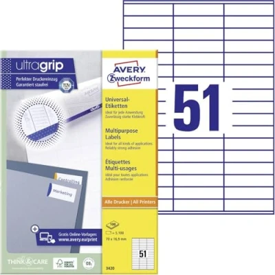 Abbildung von AVERY Zweckform 3420 Universal Etiketten (5.100 Klebeetiketten, 70x16,9mm auf A4, Papier matt, individuell bedruckbar, selbstklebende Aufkleber mit ultragrip) 100 Blatt, weiß