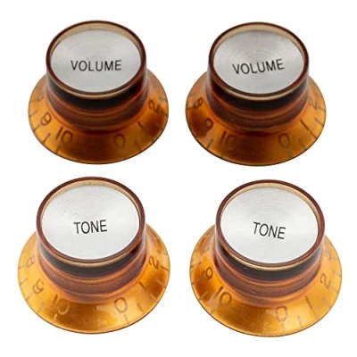 Abbildung von Musiclily Pro Zoll Gitarre Knöpfe Potiknöpfe Top Hat Bell Knobs 2 Volume Tone Set für USA Les Paul SG Style E Gitarre, Amber mit Silber Metalleinlage