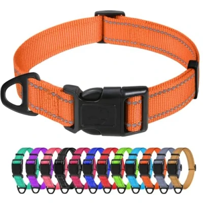 Abbildung von TagME Nylon Hundehalsband, Verstellbares Reflektierendes Hundehalsband mit Sicherheitsschnalle für Kleiner Hund, Orange, 2.0cm Breite