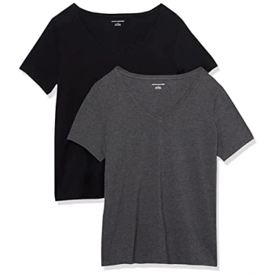 Abbildung von Amazon Essentials Damen T Shirt mit V Ausschnitt und kurzen Ärmeln in Übergröße, 2er Pack, Dunkelgrau Meliert/Schwarz, 3XL Große Größen