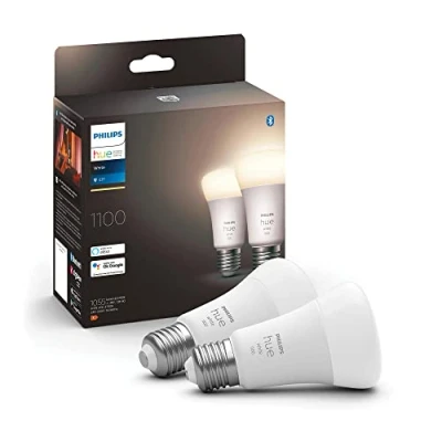 Abbildung von Philips Hue White E27 LED Lampen (1100 lm), dimmbar, warmweißem Licht, smarte Lichtsteuerung über Sprache und App, 2er Pack