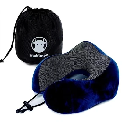 Abbildung von Makimoo Memory Foam Reisekissen, Nackenkissen mit 360 Grad Kopfstütze, bequem und leicht, ideal zum Schlafen im Flugzeug, Auto, Zug, Bus zu Hause, kommt Aufbewahrungstasche (Blau)