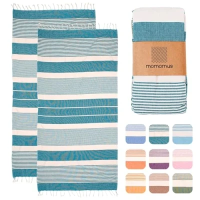 Abbildung von MOMOMUS Pack von 2 Fouta XL oder Strandhandtuch Baumwolle 100% Saugfähig, Ultraweich, Kompakt Strandtuch Fransen und Hamamtuch Dünn Sauna, Spa Pool Grün, 90x180cm