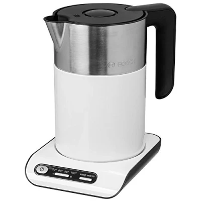 Abbildung von Bosch kabelloser Wasserkocher TWK8611P, Abschaltautomatik, Überhitzungsschutz, Temperaturwahl, Warmhaltefunktion, 1,5 L, 2400 W, weiß