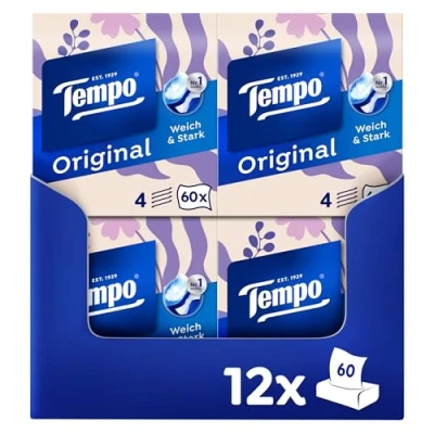 Abbildung von Tempo Original Taschentücher Würfelbox Megapack 12 Boxen, 60 Tücher pro Box extra starke, weiche Papiertaschentücher, waschmaschinenfest