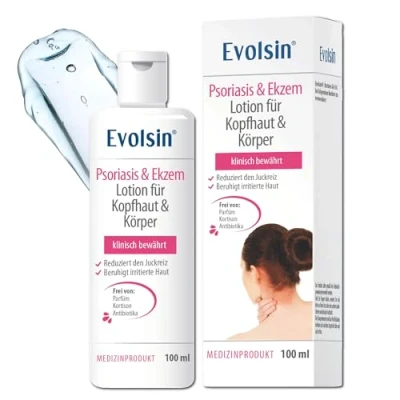 Abbildung von Evolsin® Psoriasis &amp; Ekzem Lotion für Kopfhaut und Körper bei gereizter, trockener irritierter Haut I Mindert Juckreiz regeriert die